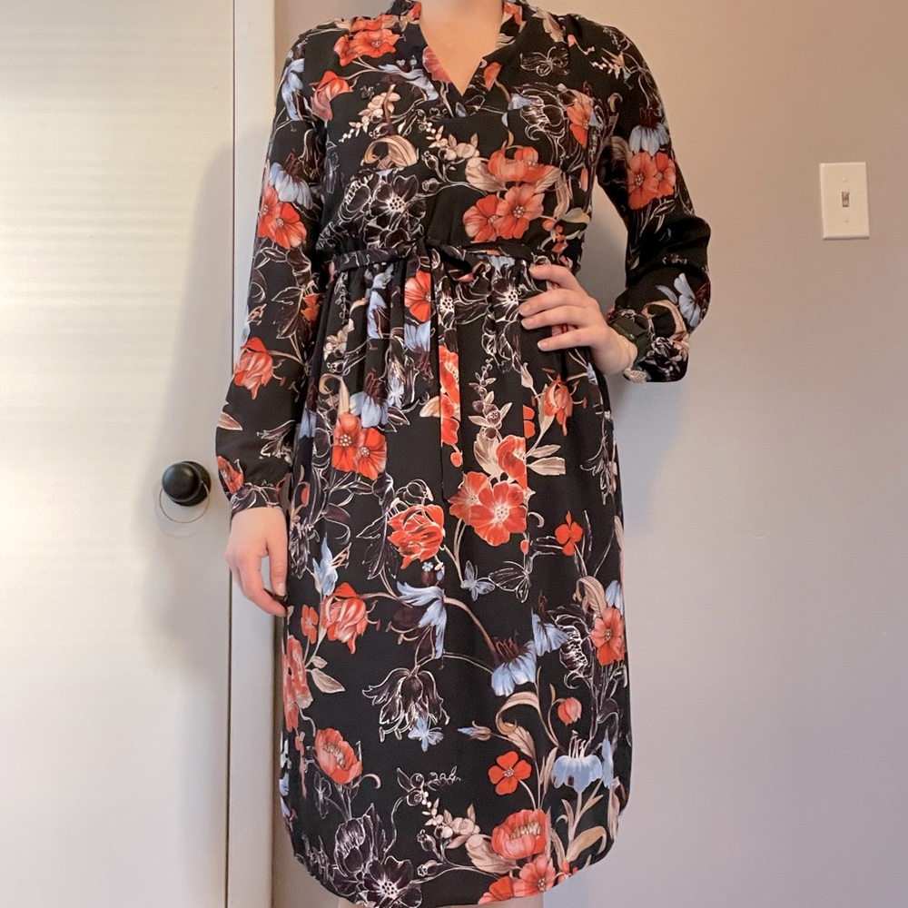 Navy Blue long sleeve floral dress